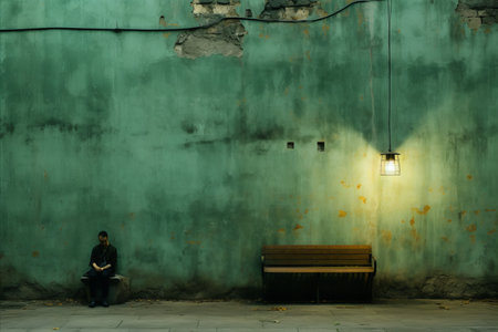 a person sitting on a bench in front of a green wallの素材