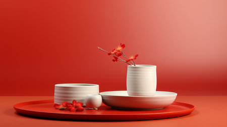 a red tray with two white vases and a flower on itの素材