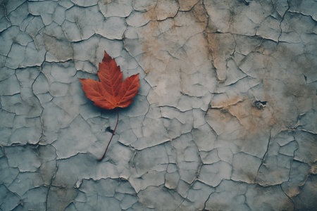 a single red leaf on a cracked wallの素材