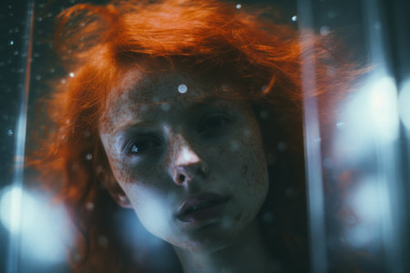 a woman with red hair and freckles looks into the mirrorの素材