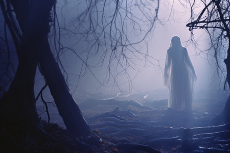 a woman in a white dress standing in a dark forestの素材