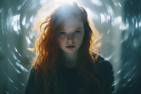 a woman with red hair in a dark roomの素材