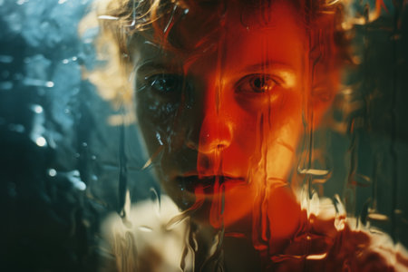 a woman with red hair is looking through a glass windowの素材