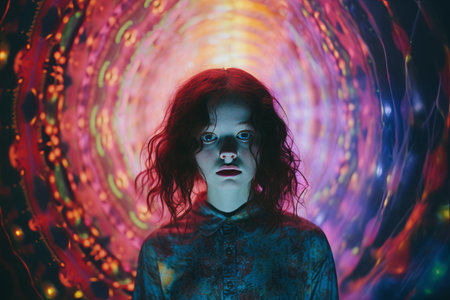 a woman with red hair standing in front of a colorful spiralの素材