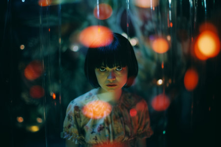 a woman with short black hair standing in front of lightsの素材