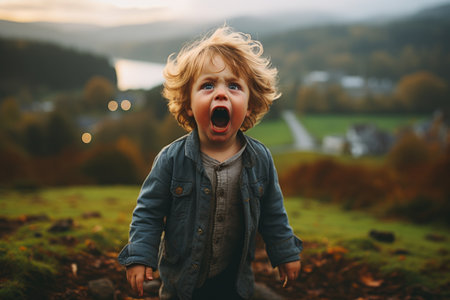 a young boy with his mouth open on a hillの素材