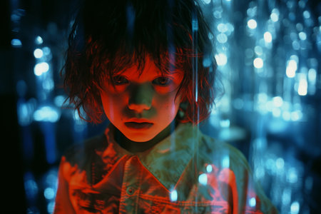 a young boy standing in front of a red lightの素材