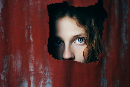a young girl peeking out of a hole in a red wallの素材