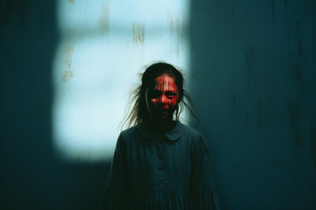 a young girl with red paint on her face in a dark roomの素材