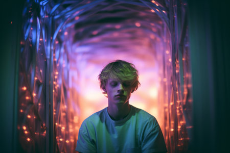 a young man standing in front of a tunnel of lightsの素材