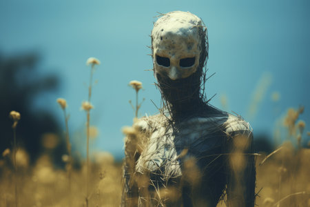 an alien is standing in a field of yellow flowersの素材