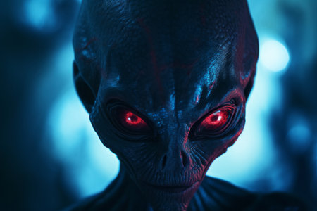 an alien with glowing red eyes in the darkの素材
