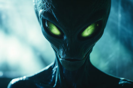 an alien with glowing eyes in the darkの素材