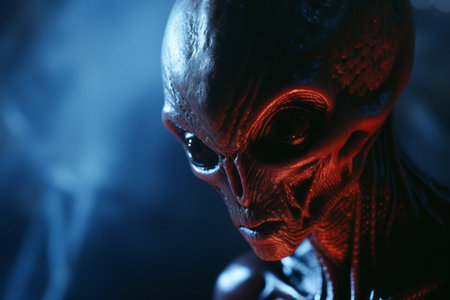 an alien with glowing red eyes in the darkの素材