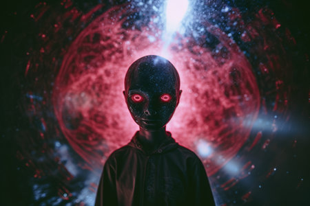 an alien with glowing red eyes standing in front of a dark backgroundの素材