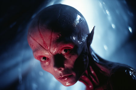 an alien with red eyes in a dark roomの素材