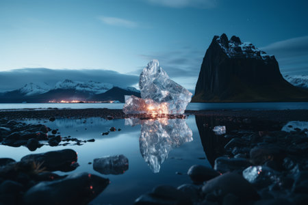 an iceberg sits on the shore of a lake with mountains in the backgroundの素材