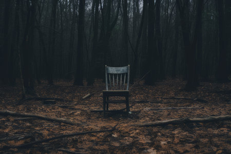 an empty chair sits in the middle of a dark forestの素材