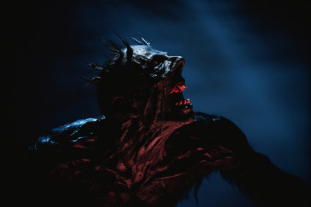 an evil creature with red eyes and horns in the darkの素材