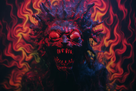 an image of a demon with red eyes and flames coming out of his headの素材