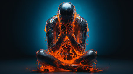 an image of a man sitting on fire with his hands on his kneesの素材