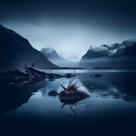 an image of a lake with mountains in the backgroundの素材