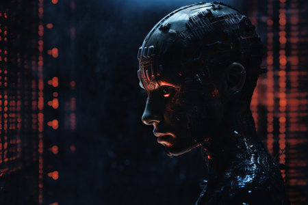 an image of a robot head in a dark roomの素材