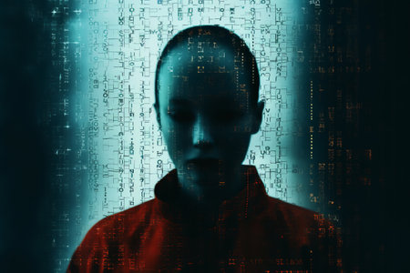 an image of a person with a computer screen behind themの素材