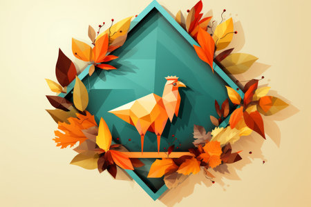 an image of a rooster in a wreath of autumn leavesの素材