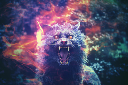 an image of a wolf with flames coming out of its mouthの素材