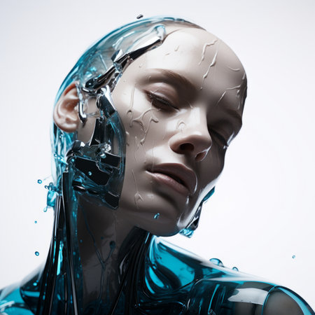 an image of a woman in a futuristic suit with water droplets on her faceの素材