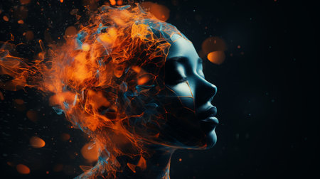 an image of a woman with fire coming out of her headの素材