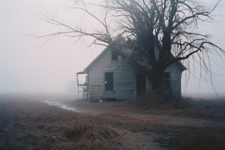 an old abandoned house in the middle of a foggy fieldの素材