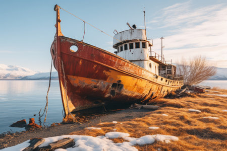 an old rusty boat sits on the shore of a lakeの素材