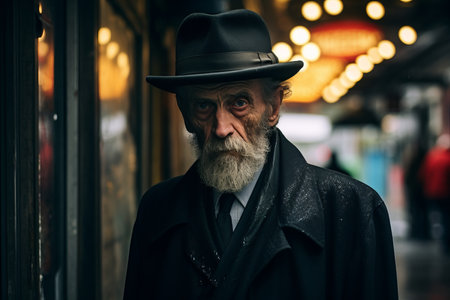 an old man in a hat and coat standing on a streetの素材