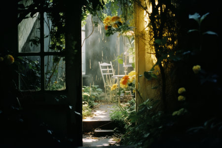 an open door to a garden with a chair and flowersの素材