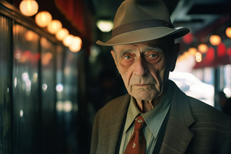 an old man in a suit and hat standing in front of lightsの素材