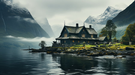 an old house sits on the shore of a lake surrounded by mountainsの素材