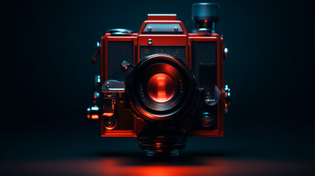 an old camera with a red light shining on itの素材