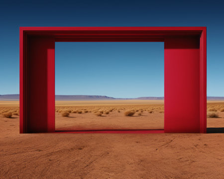 an open red door in the middle of a desertの素材