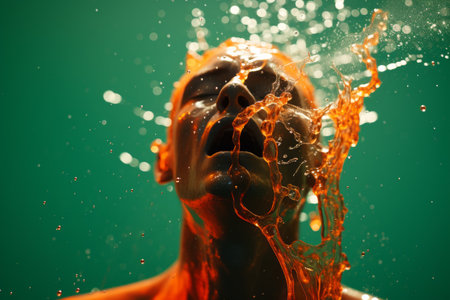 an orange man is splashing water on his headの素材