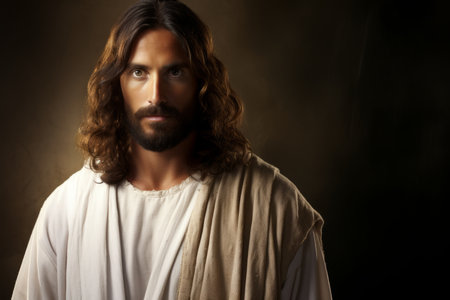 jesus is standing in front of a dark backgroundの素材
