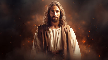 jesus is standing in front of a dark backgroundの素材