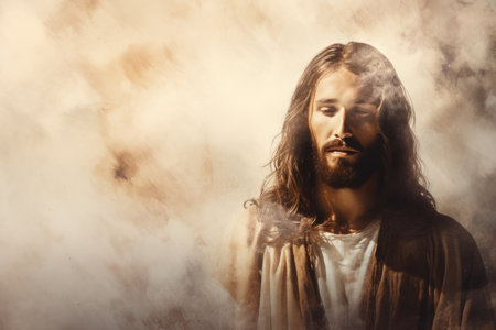 jesus in the clouds with smoke coming out of his mouthの素材