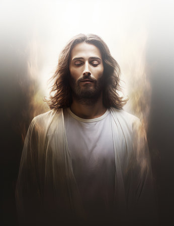 jesus is standing in front of a bright lightの素材