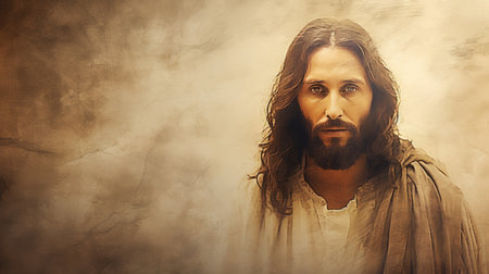 jesus is standing in front of a brown backgroundの素材