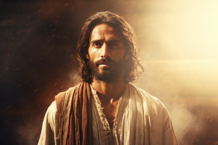 jesus is standing in front of a dark backgroundの素材