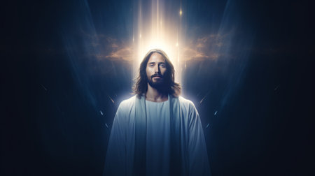 jesus is standing in front of a bright lightの素材