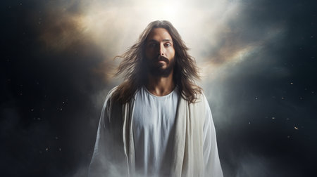 jesus is standing in front of a dark backgroundの素材