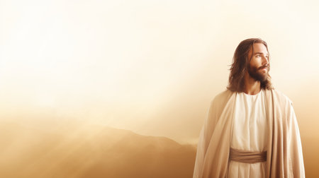 jesus is standing in front of the sunの素材